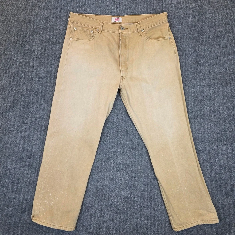 VTG Levis 501 Jeans Mens‎ 36x27 Tan Khaki Straight Leg Button Fly Paint Splatter